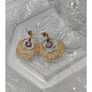 Vintage Pink Rhinestone Filigree Gold Tone Earrings